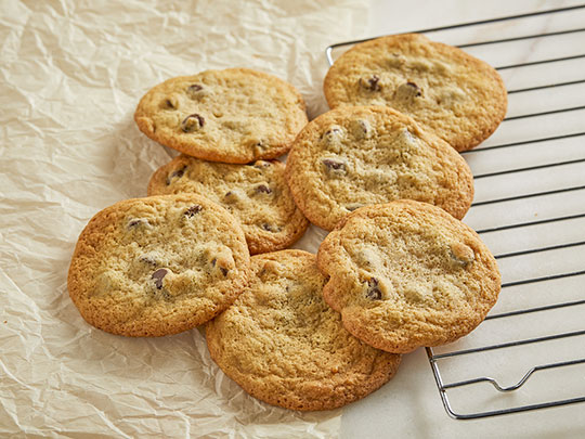 Flat, crispy chocolate chip cookies made with plant-based spread
