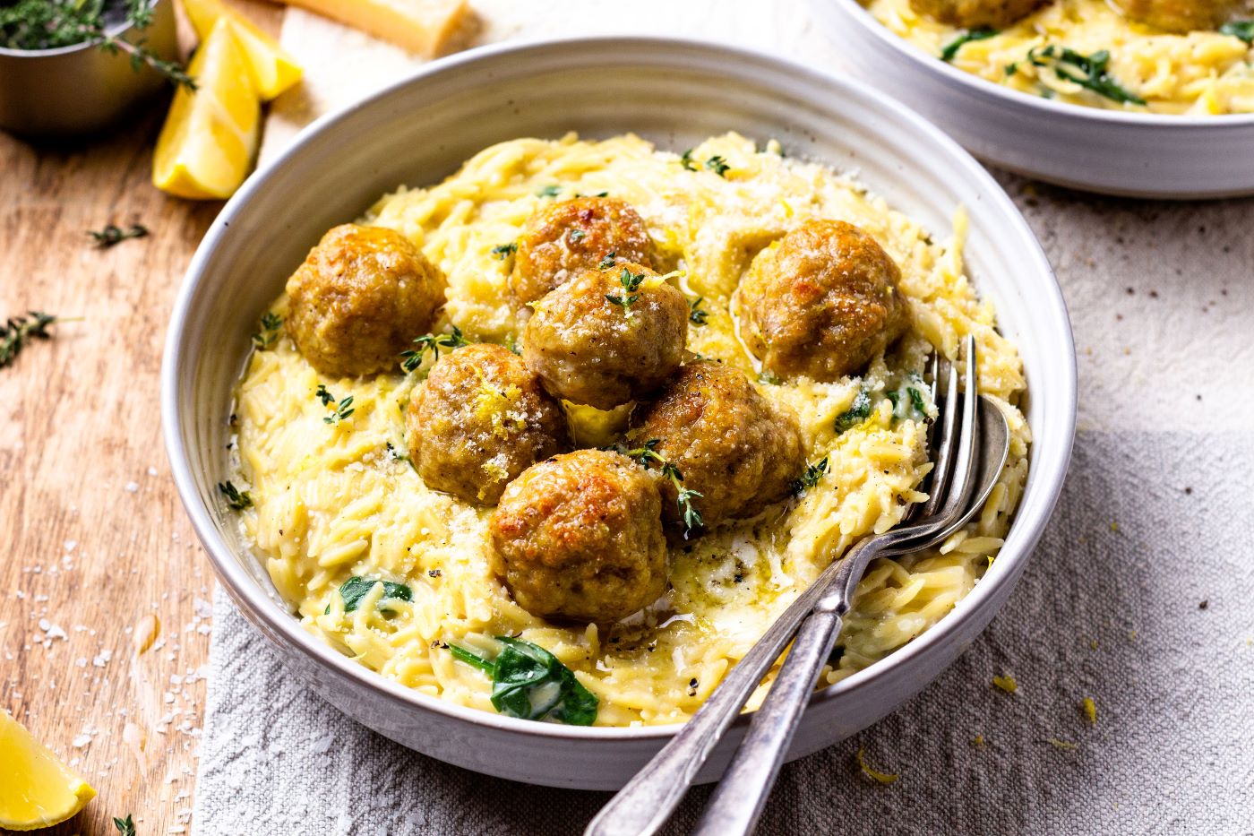 Lemon Butter Chicken Meatballs with Creamy Spinach Orzo