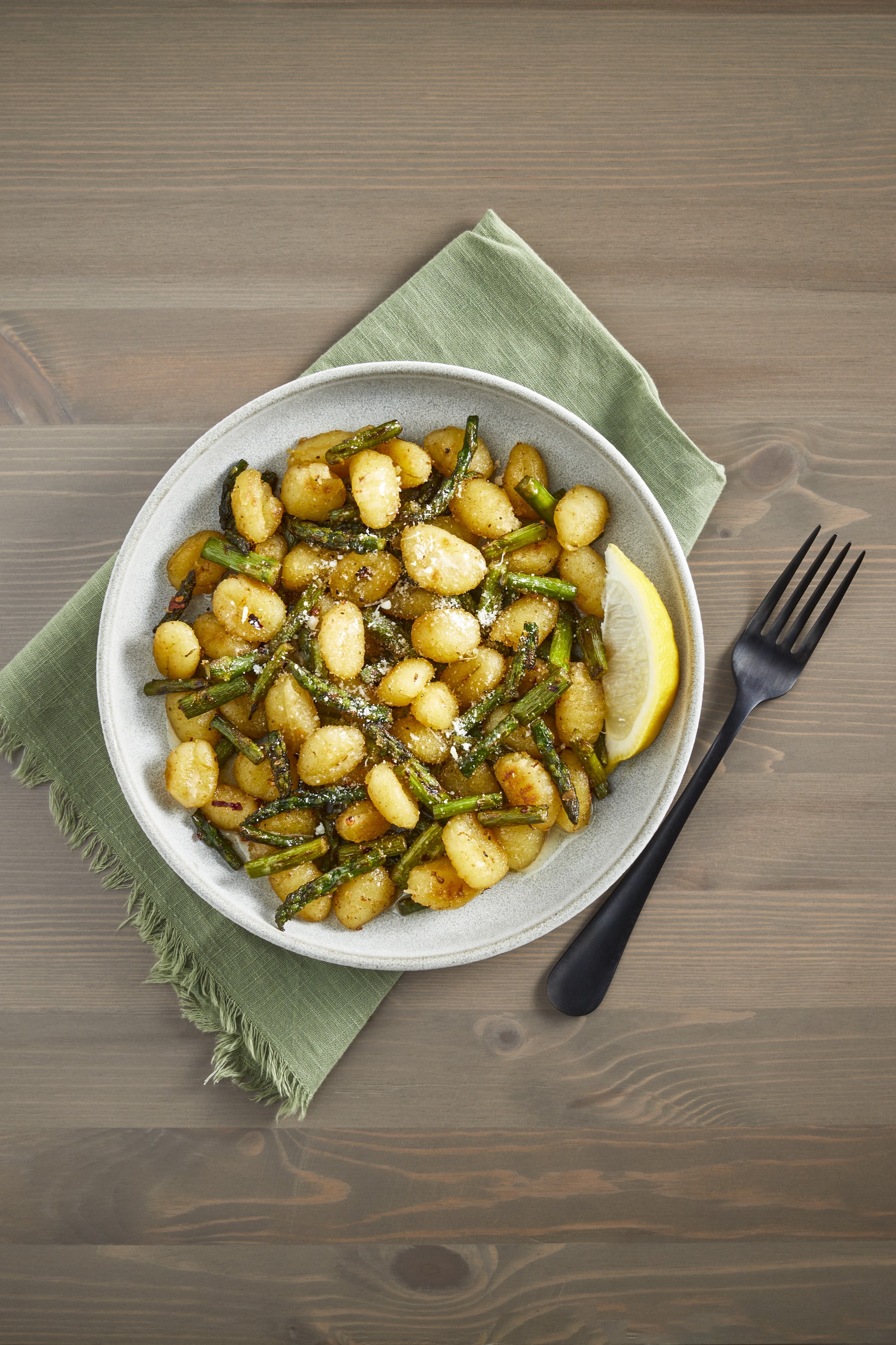 One Skillet Lemon Butter Gnocchi with Asparagus in a pan
